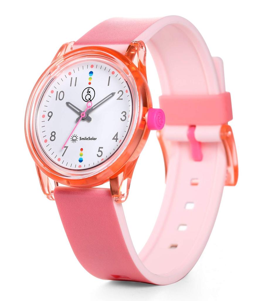 SmileSolar Smile Analog Watch with Matching Waterproof Urethane Pink Q&Q (Q&Q Solar) Solar-Powered Style, Strap, RP26-007,