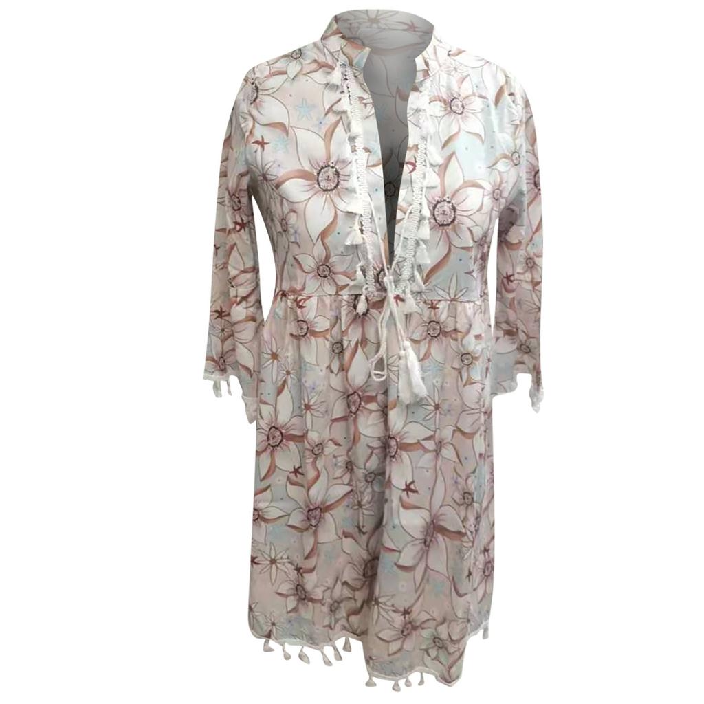 Женское модное платье в стиле бохо с рукавом три четверти, кружевное мини-платье с v-образным вырезом и кисточками