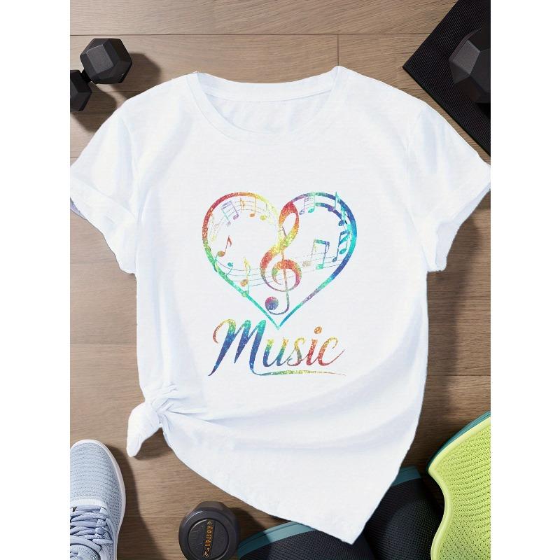 Европейский размер сердце из музыкальных нот Женская спортивная футболка большого размера с коротким рукавом