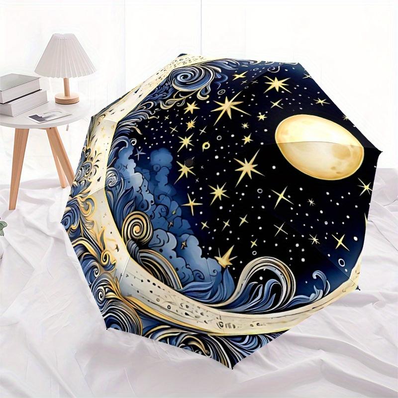 1pc Moon Stars Compact Travel Leisure Umbrella, Automatic Folding Lightweight Windproof 8-Bone Reinforced Design, 012073