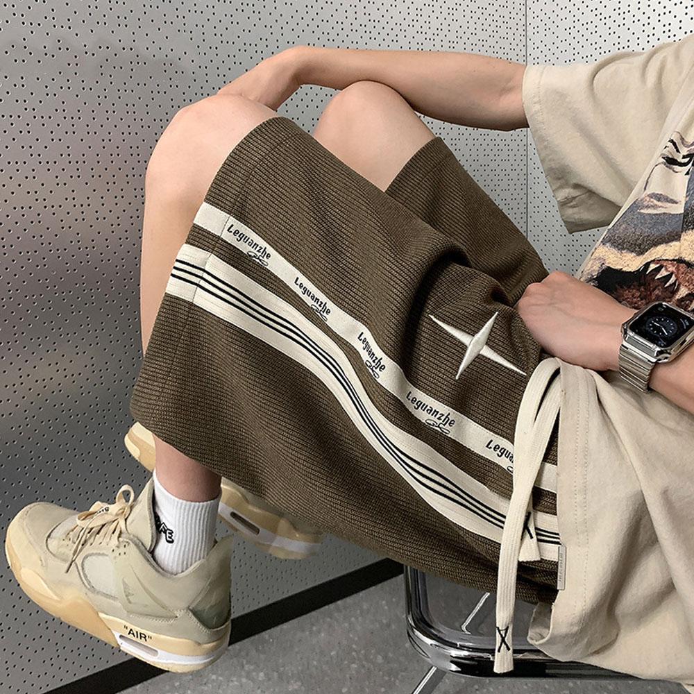 Мужские спортивные шорты с вышивкой Y2K, перекрестные полосатые брюки High Street с широкими штанинами, свободные, летние, 2024, для мужчин, для спортзала, корейские