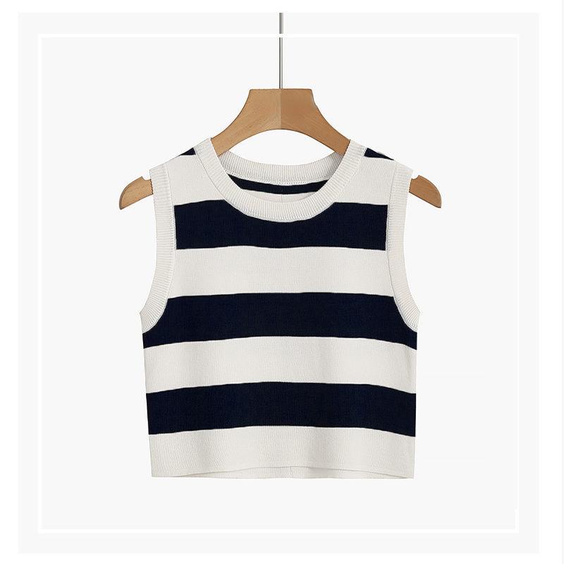 Сексуальная женская майка в рубчик, летние укороченные топы без рукавов в полоску с круглым вырезом, уличная винтажная корейская модная рубашка, жилет, одежда Y2K