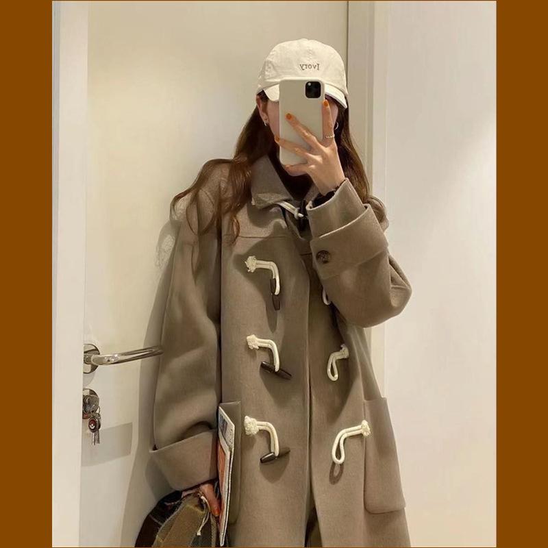 Autumn and Winter Women's Korean Edition Slim Cow Horn Button Coat Student Coat Small Medium Length Coat