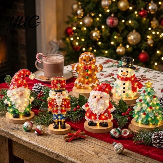 Led Lighted Christmas Decor Sea Glass DIY Craft Kit, LED Xmas Tabletop Ornament Making Homemade Holiday Decorations Set, Santa Snowman Gingerbread Man