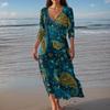 Women's Vintage Print Tunic Waisted Midi Dress Summer Casual 3/4 Sleeve Dress Dress