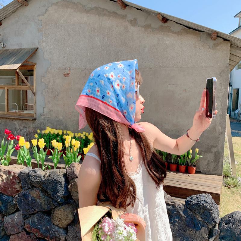 55Cm Sweet Floral Print Small Square Scarf For Women Girl Cute Soft Flower Scarf Hairband Headband Korean Hair Scarves