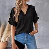 Yousheng Women Shirt V-Neck Ruffled Splicing Petal Sleeve Solid Color Tops Loose Fit Tee Casual Office Travel Shirt