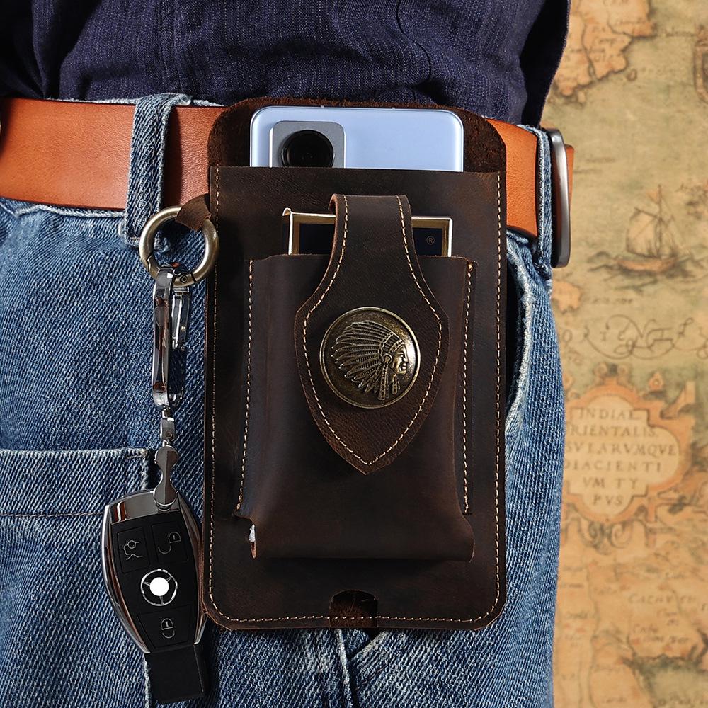 Men's Genuine Leather Tactical Mobile Phone Waist Bag - Crazy Horse Sports Style