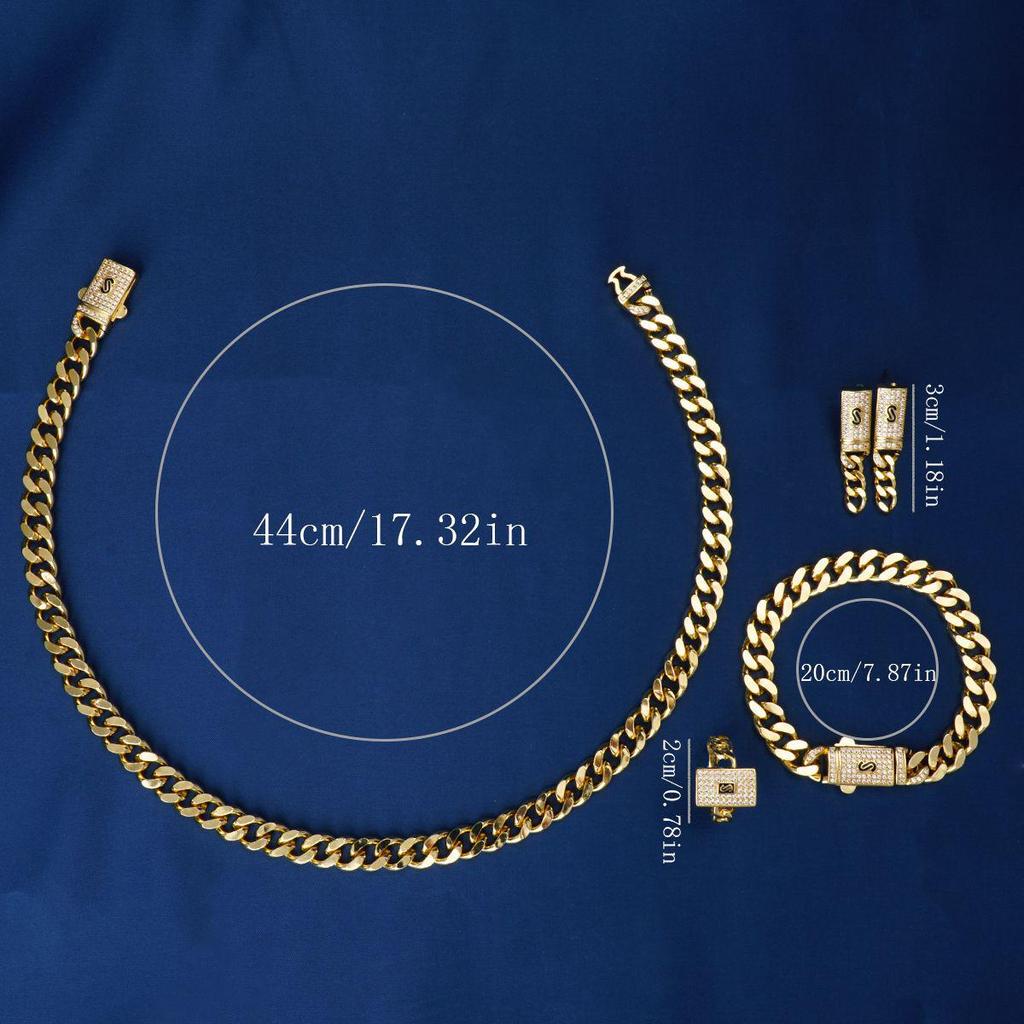 Cuban Style 24K Gold-Plated Jewelry Set: Necklace, Earrings, Bracelet & Ring with Zircon Accents - Bold European & American Hip Hop Design.