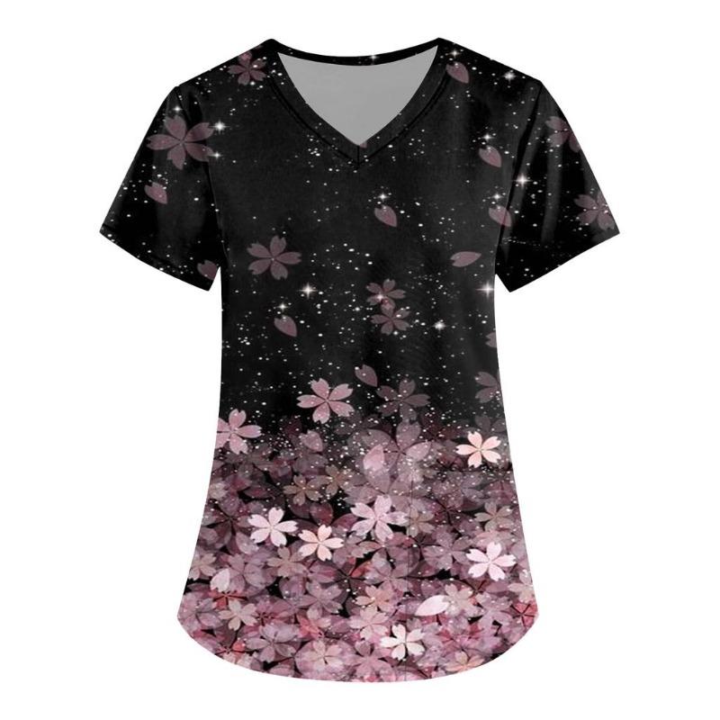 Plus Size Flower Printed Scrub Working Uniform Tops for Women Cross V-Neck Short Sleeve Fun T-Shirts Workwear Tee with Pockets