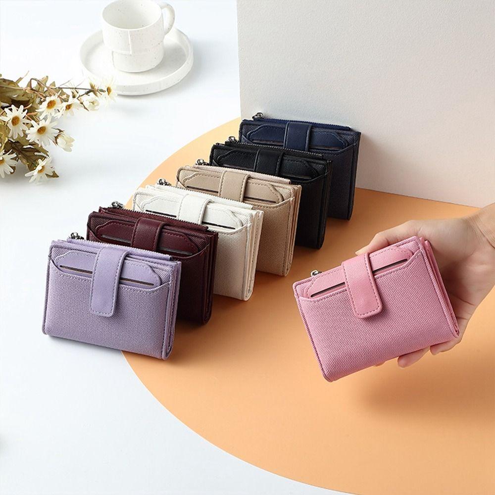 Fashionable Women's Folding Short Wallet PU Leather Zipper Coins Purses Solid Color Versatile Pouch Bag Card Holder