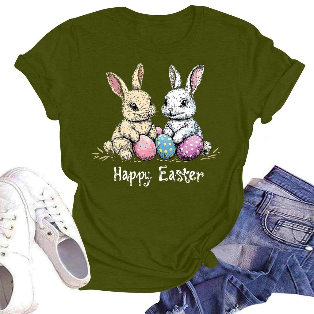 Happy Easter Women's Fashion Printed Round Neck Short Sleeve T-Shirt Pullover Top