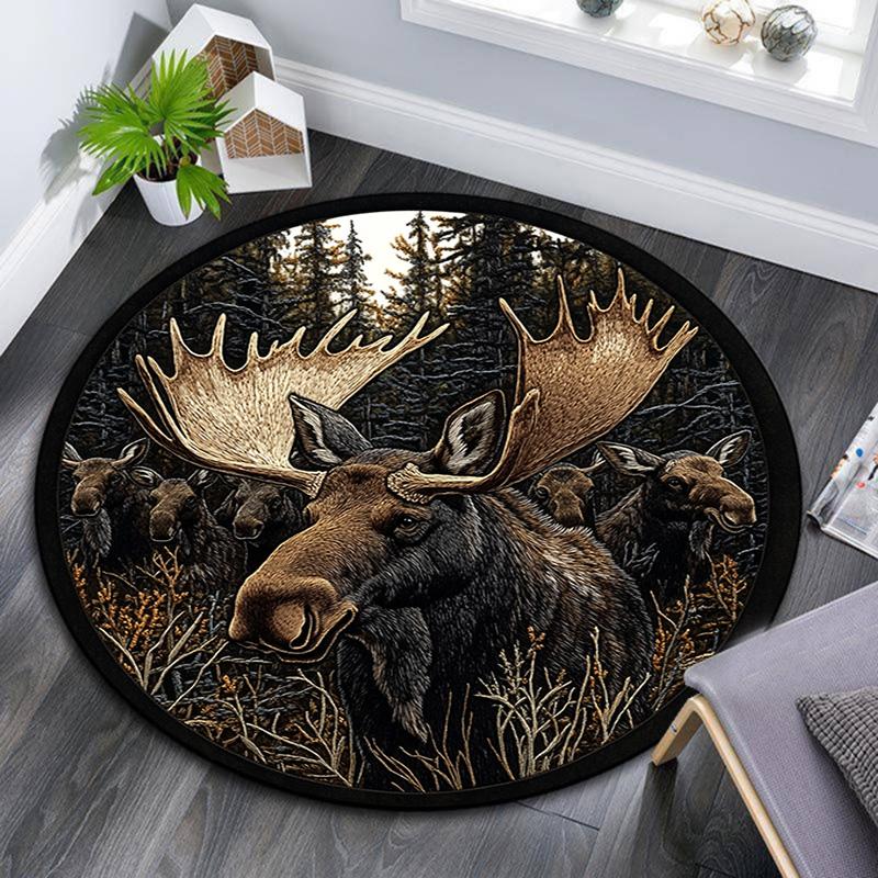 Moose Round Area Rug,Carpet Rug for Living Room Bedroom Sofa Playroom Decor,Non-slip Floor Mat