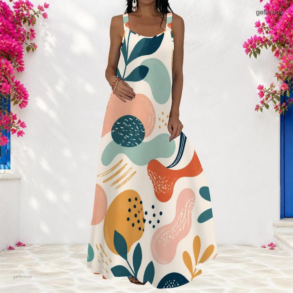 Women Plus Size Scoop Neck Strappy Sleeveless Colorful Printed A Line Long Dress