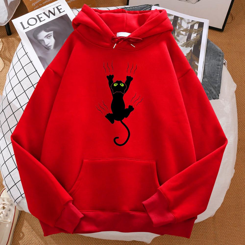 Naughty Black Cat Print Women's Hooded Hip-hop Comfortable Sweatshirt Cartoon Soft Hooded Harajuku Sportswear