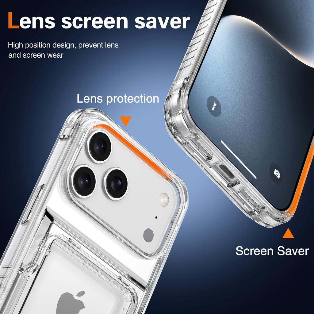 For iPhone 17 Pro Clear Case PC + TPU Phone Cover Card Holder Kickstand