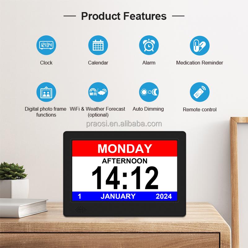 7 Inch Memory Loss Alzheimer Large Display Digital Calendar Clock Dementia Day Alarm Clock ( WIFI or Withth WIFI Optional )