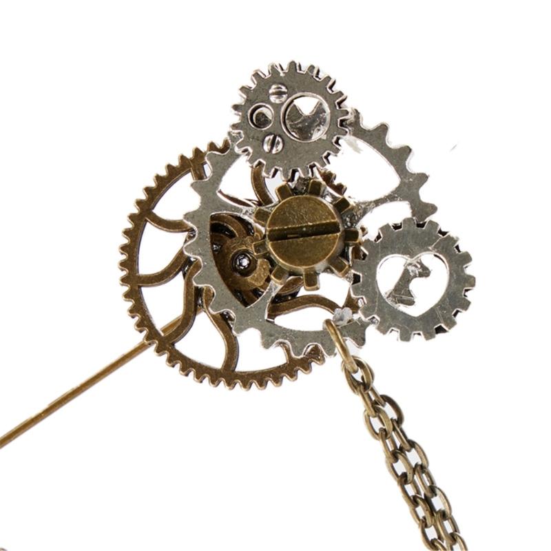 Steampunk Lapel Pin Gothic Vintage Gear Brooches with Metal Chain Badges Jewelry Collar Pin for Women Man Party Gifts