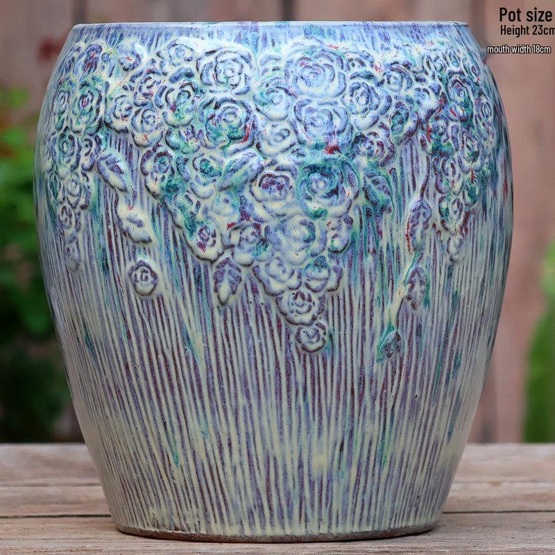 Handmade Embossed Rose Ceramic Pot for Succulents - Tall, Breathable Coarse Pottery Planter