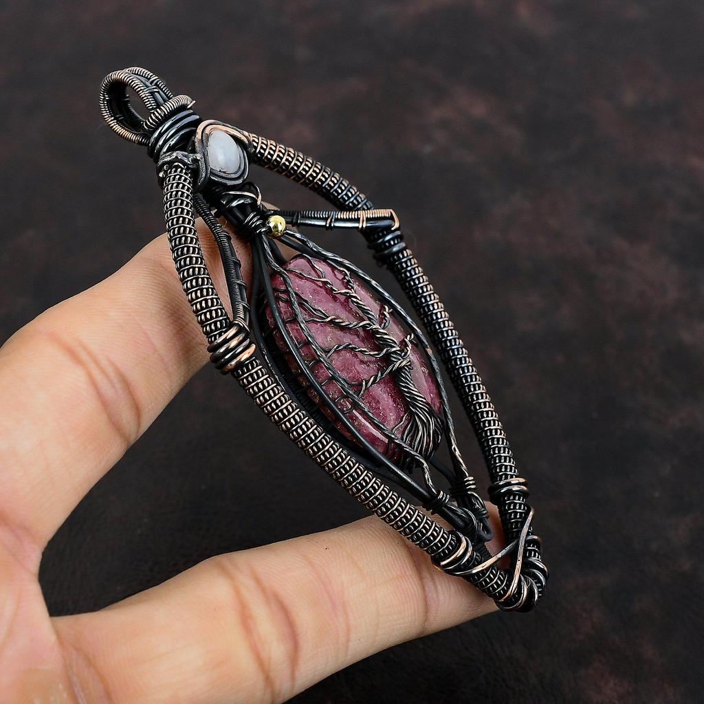 Tree Of Life Rhodonite Pendant Copper Wire Wrapped Pendant Handmade Rainbow Moonstone Pendant Copper Wire Jewelry Gemstone Pendant For Gift