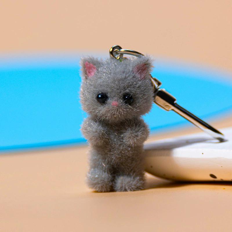 Cute 3D Flocking Kitten Keychain Cat Couple Mobile Phone Pendant Car Keyring Earphone Backpack Pendant