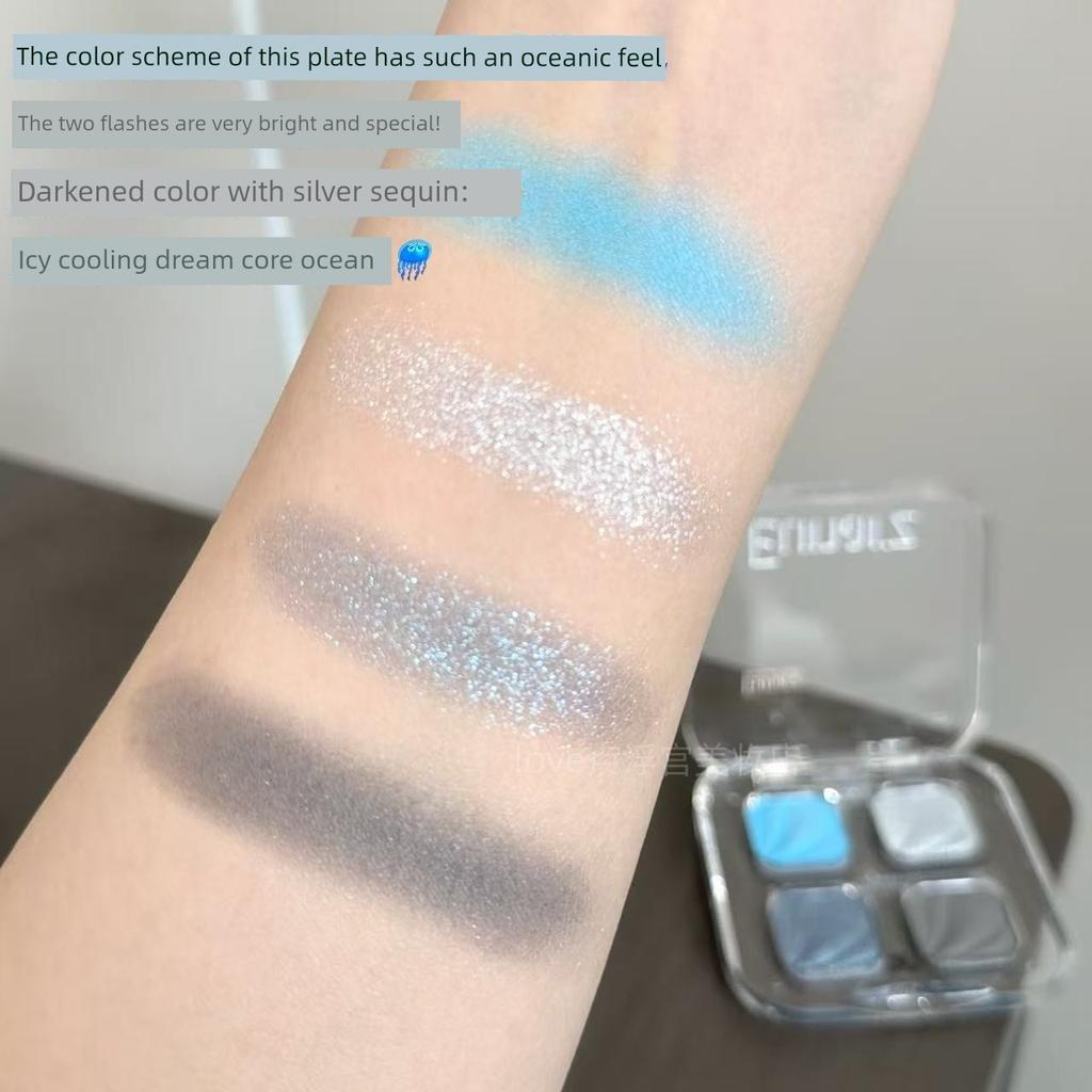 Transparent Ice-Like Effect! Yuzi Four-Color Eyeshadow in Blue Tones, Smoky, Sparkling, Matte, Pearlescent, Brightening, Clear and Cool-Toned