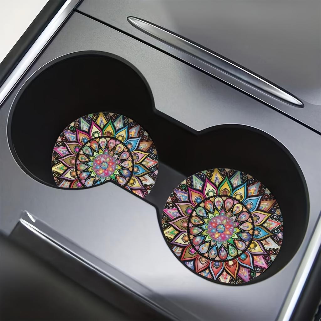 Retro Mandala Flower Absorbent Car Cup Holder Coaster Mats - Car Interior Accessories,Water Cup Coasters For Car Vehicles & Home Desk
