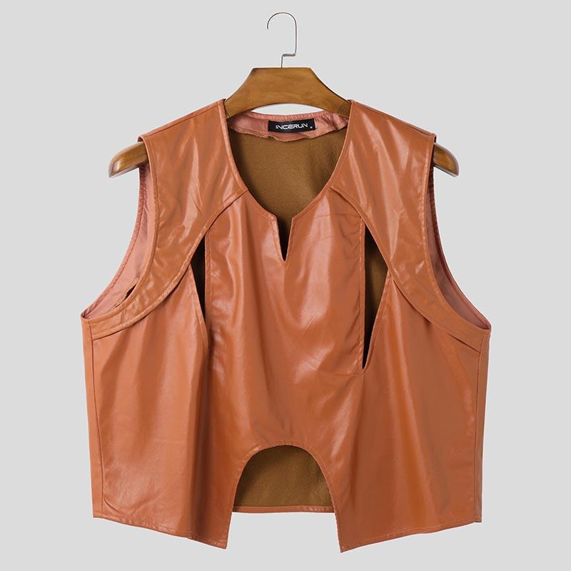 INCERUN Мужские повседневные свободные майки из искусственной кожи без рукавов с вырезом и ажурным узором