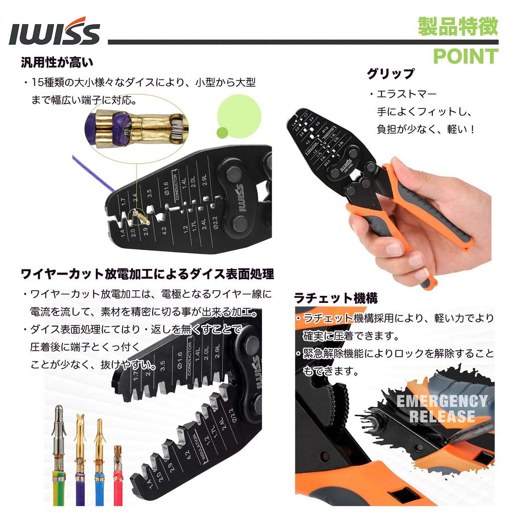 IWISS General-Purpose Crimping Pliers, Crimping Tool for Open Barrel Contacts, Stepped Dies with Thin Finish (For Small To Large Terminals) IWS-1442L