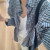 Женская синяя клетчатая рубашка-куртка - корейский осенний стиль, свободный повседневный кардиган-топ