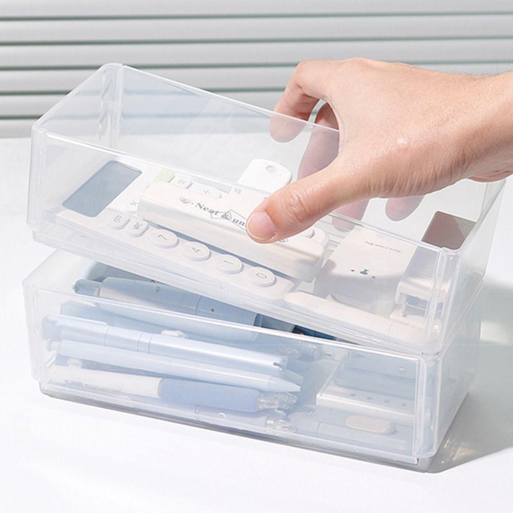 Durable Clear Stationery Storage Box Foldable Large Capacity Desktop Organizer Stackable Pencil Case Students