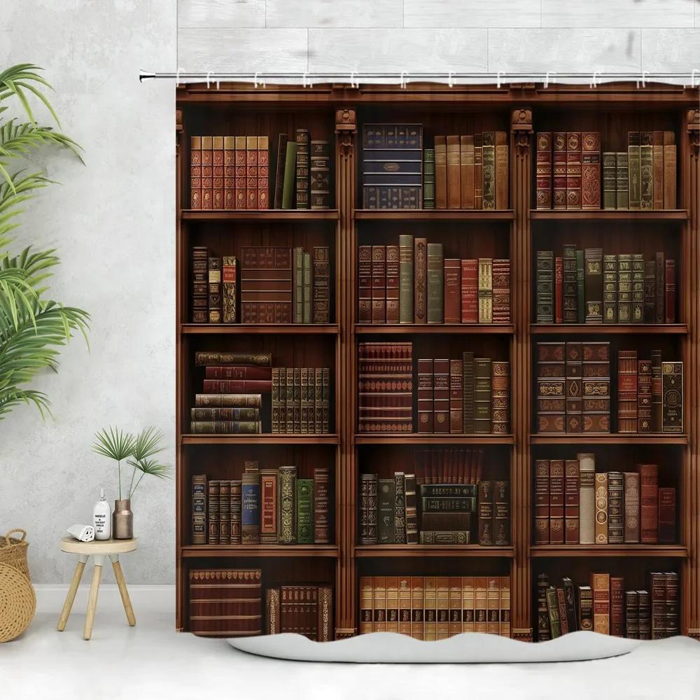 Vintage Library Shower Curtain Old Book Bookshelf Candle Magic Wooden Antique Polyester Fabric Bathroom Decora Curtain Washable