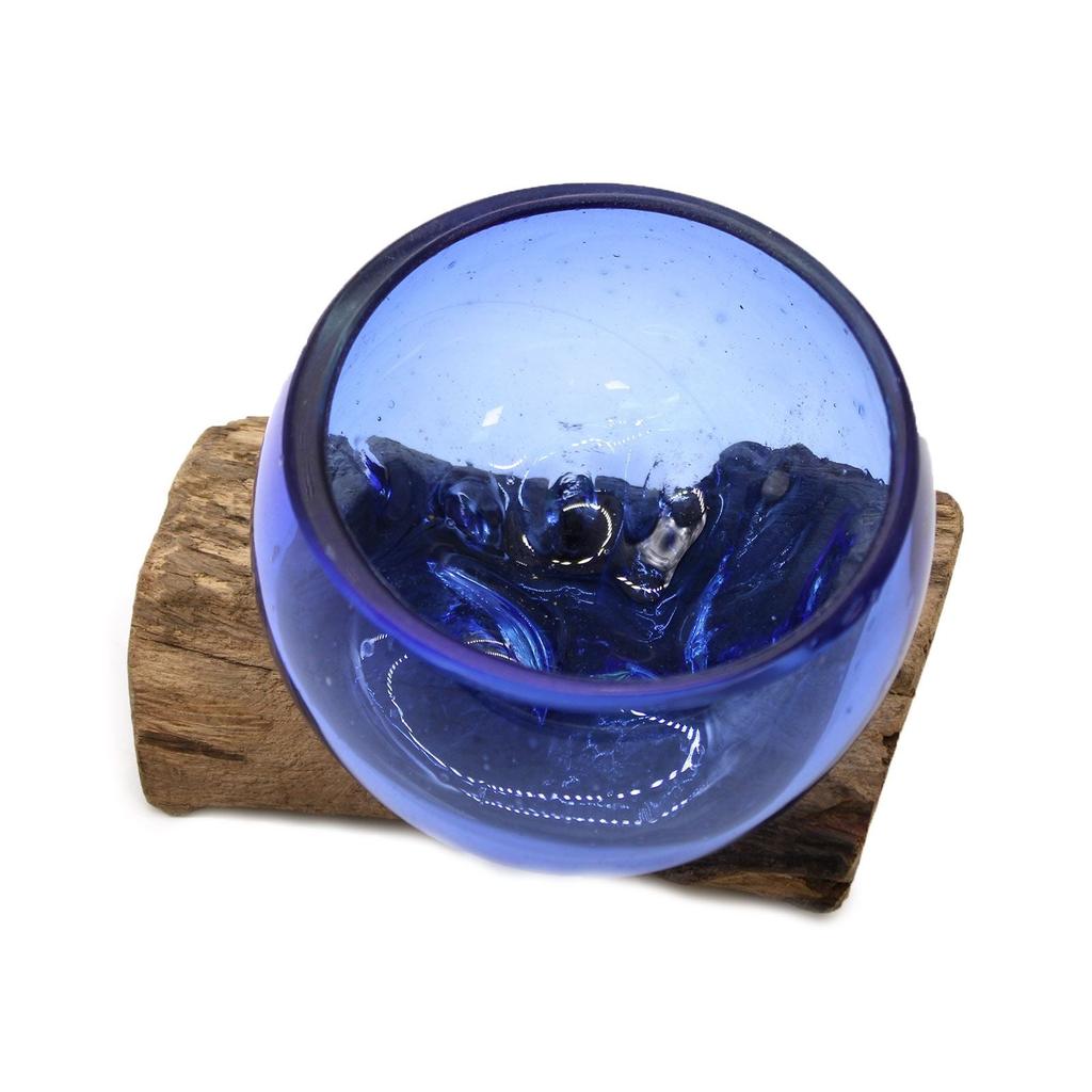 Molten Glass Bowl on Wood Mini Blue
