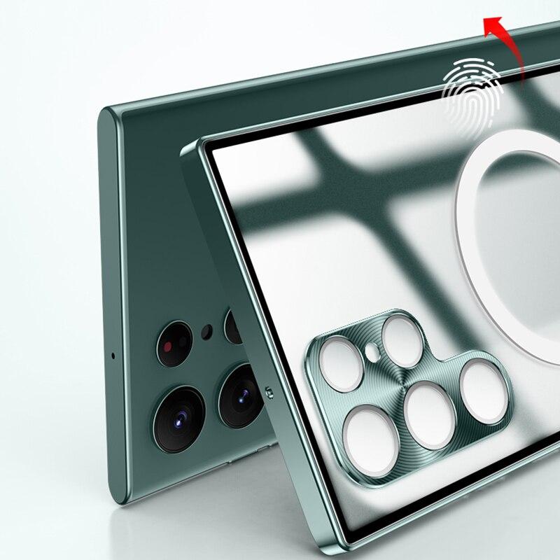 Металлический чехол с магнитной беспроводной зарядкой для Samsung S24 S23 S22 Ultra S21 S20 FE/iphone 15 14 13 12 11 Pro max, алюминиевый бампер, прозрачная крышка