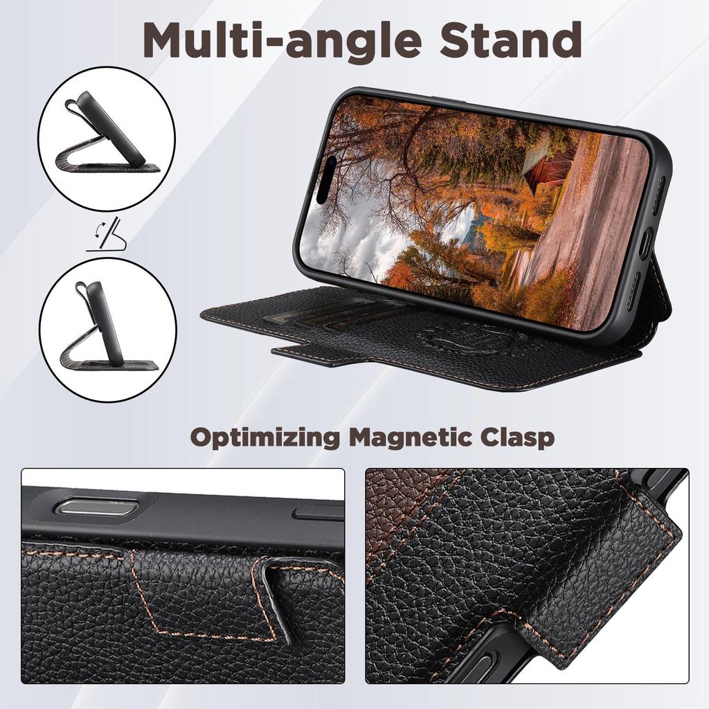 Чехол-книжка для iPhone 17: Слот для карт, Магнитная застежка, Подставка для беспроводной зарядки, Кошелек с цветными блоками, Кожа