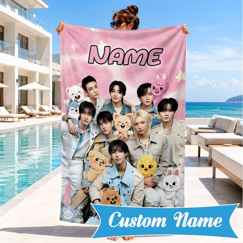 Custom Name K-pop Idol Collage Beach Towel Microfiber Beach Towel, Lightweight and Quick-Dry, for Summer Travel, Swimming Pool Gift