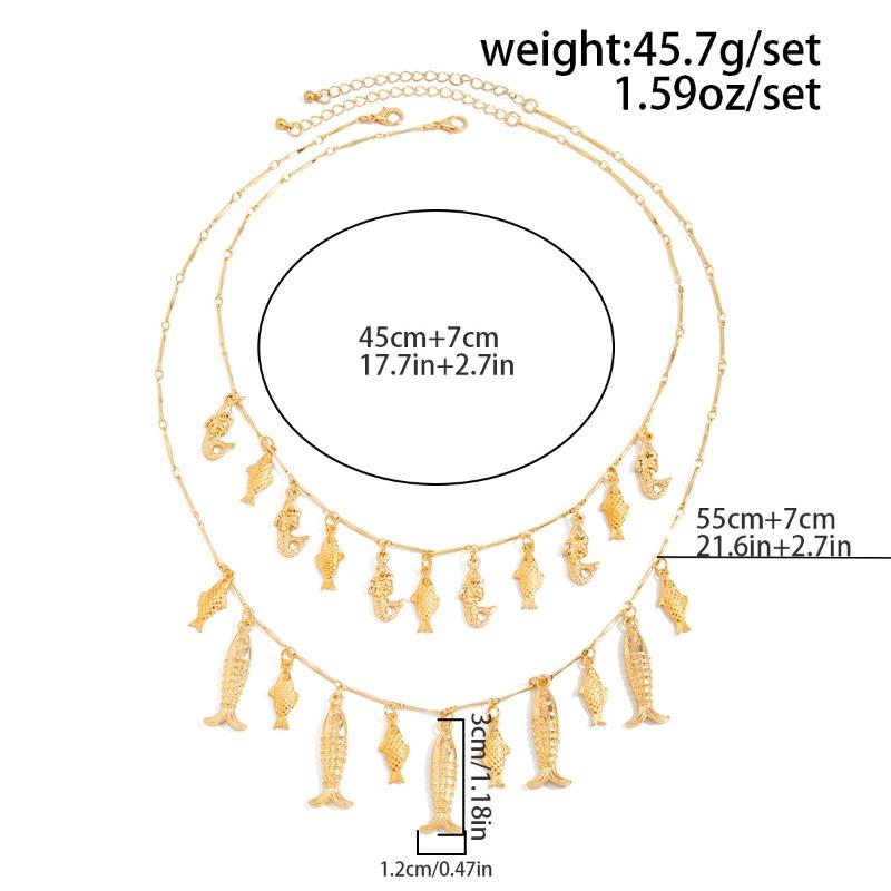 2pcs Set Creative Mermaid Small Fish Tassel Pendant Gold Color Layered Necklaces Set for Women Summer Bohemian Vacation Jewelry