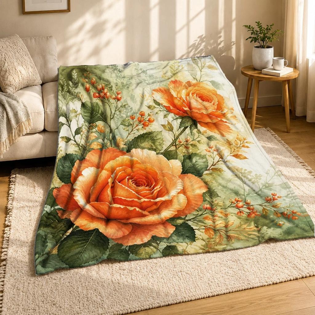 Vintage Watercolor Orange Roses Coral Fleece Blanket Art Flower