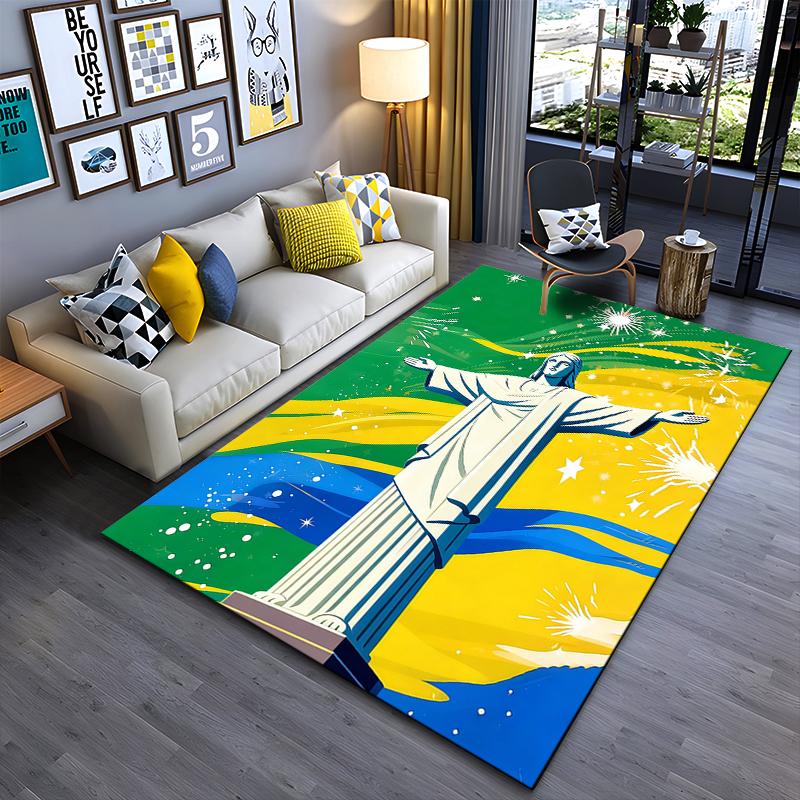 "Brazil Christ Statue Carpet - Green Yellow Blue Modern Design Rug" Suitable for use as an anti-slip for living room bedroom sofas