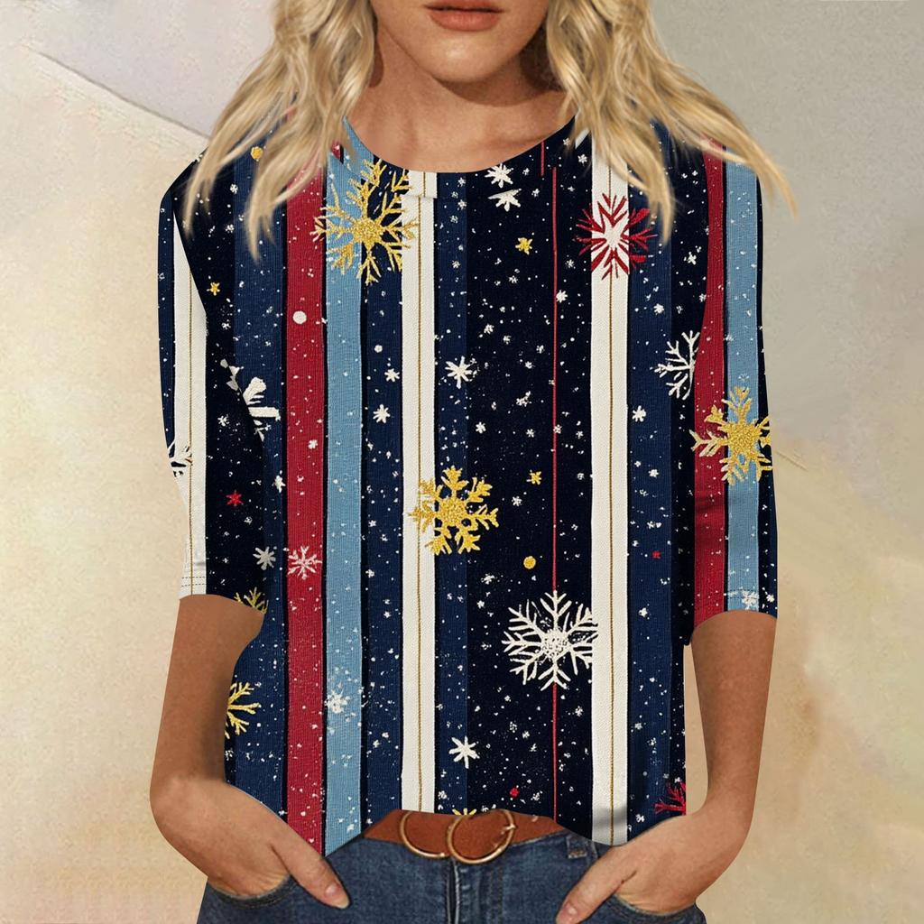 Women's Fashion Casual Seven Sleeve Christmas Printed Round Neck Top
