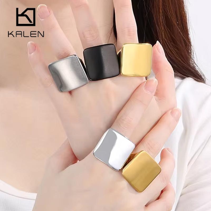 Kalen Stainless Steel Larger Square Ring for Women Men Brushed Polished Golden Finger Anillos Big Charm Accessory Trendy Jewelry
