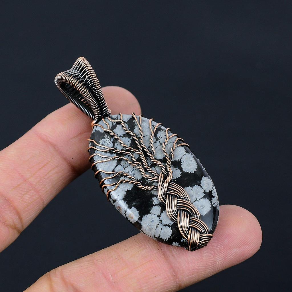 Gorgeous Tree Of Life Snowflake Obsidian Gemstone Handmade Pure Copper Wire Wrap Jewelry Pendant