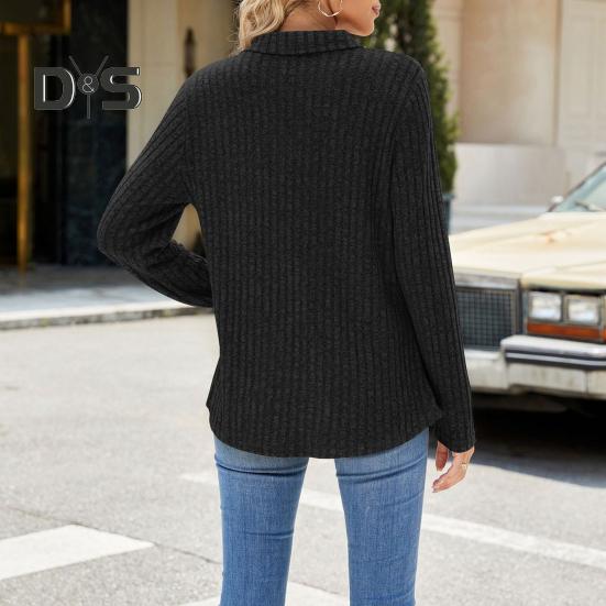 Женский свитер с V-образным вырезом и лацканами, нагрудный карман, длинный рукав, однотонный трикотажный топ, ребристый повседневный свитер