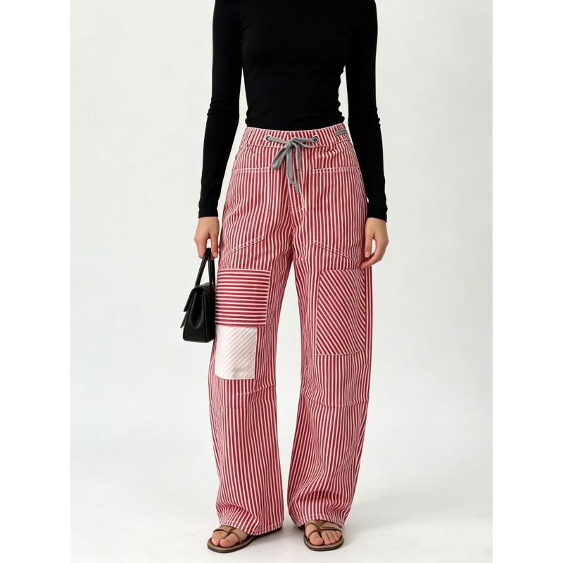 Mid-Waist Striped Wide Leg Pants Casual Commuter Denim Trousers With Drawstring Pockets Multiple Colors