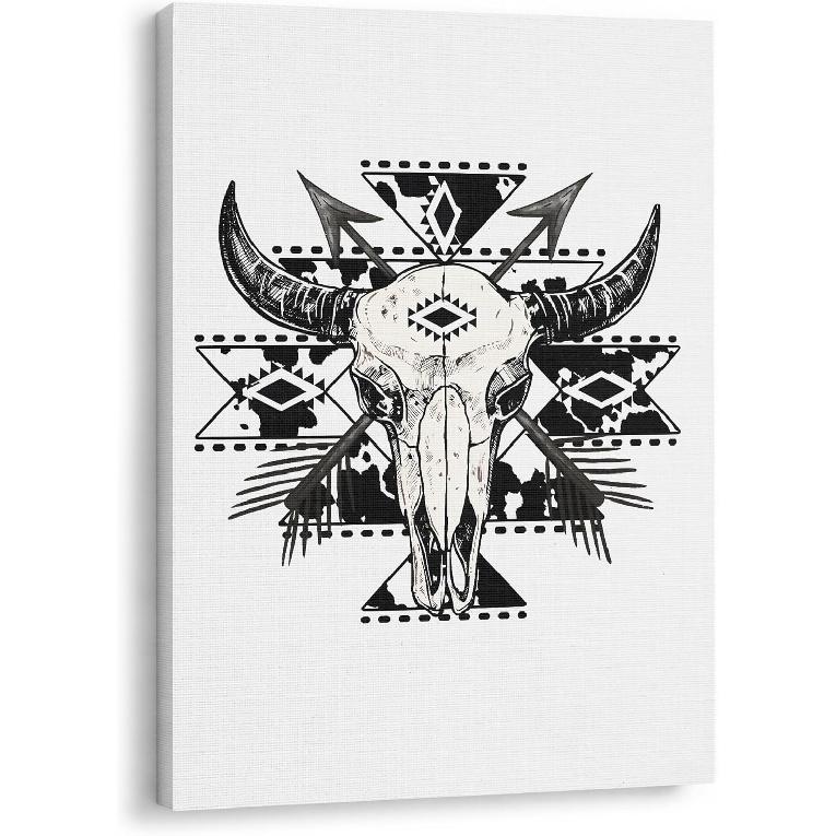 GTYNU Boho Aztec Western Cow Bull Skull Framed Canvas Wall Art Decor, Southwestern Wall Art Canvas Prints, Boho Bedroom Decor, Western Wall Decor for