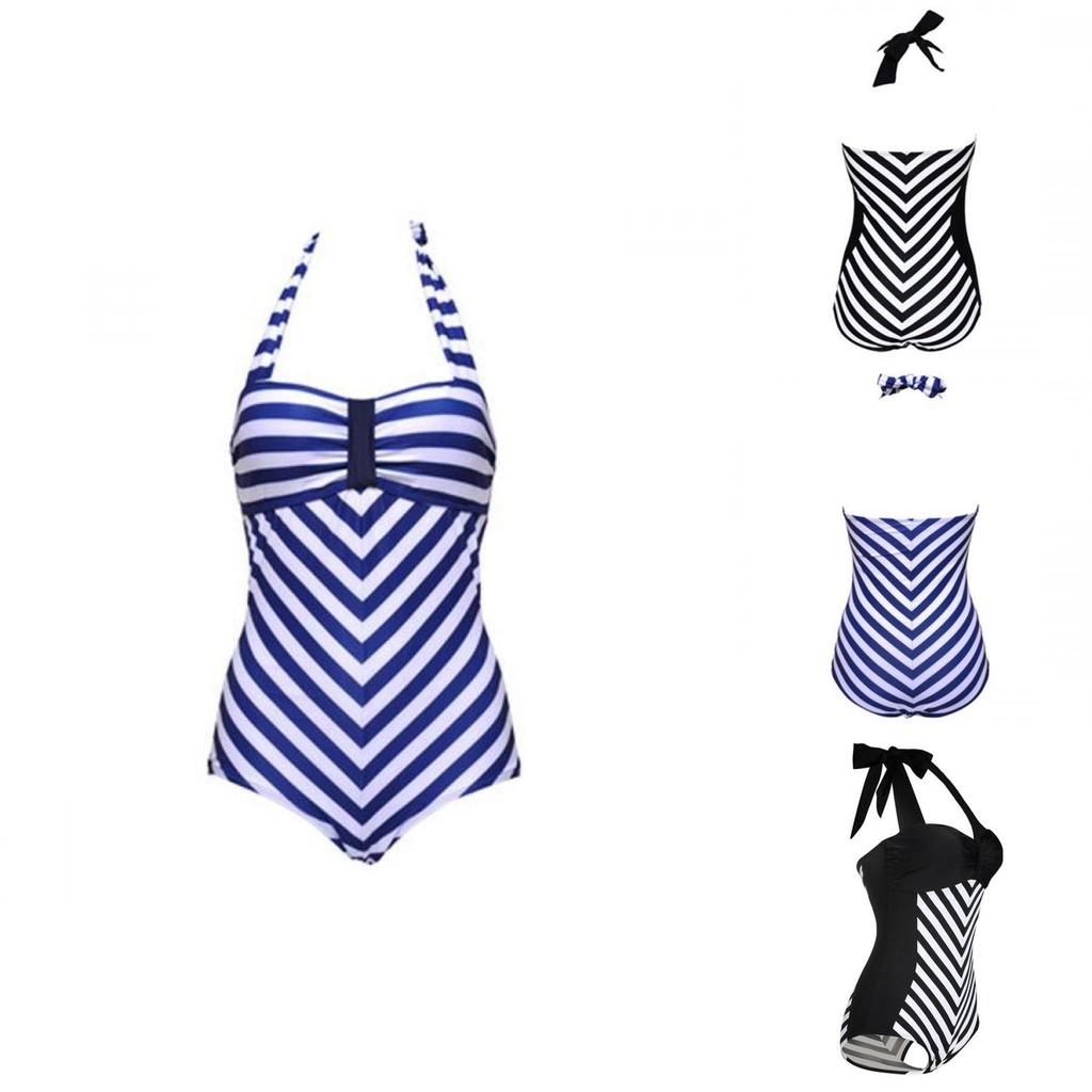 Elegant Plus Size Racy Black Halter Low Cut Beachsuit For Striped Swimwear Women