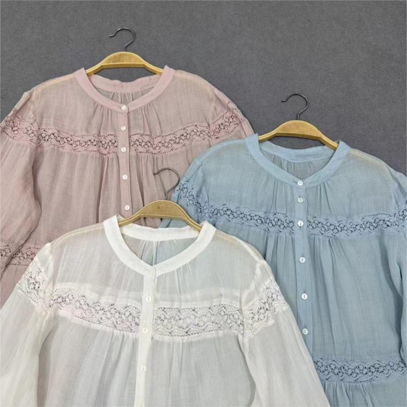 Johnature Японские тонкие кружевные рубашки с длинными рукавами, осенние повседневные простые свободные повседневные топы для женщин