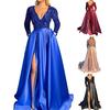Women Evening Dress Low-cut V Neck Shiny Sequin Tight High Waist Split Hem A-line Big Swing Floor Length Satin Prom Wedding Party Lady Maxi Dress