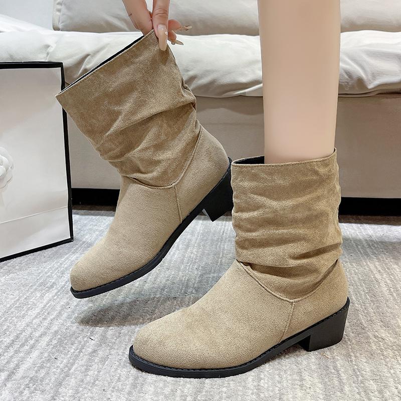 Fashion 2024 Winter Women's New Western Boots Fashionable Thick Heel Slip-on Ankle Boots Women's Outdoor High Heel Mid-calf Boots
