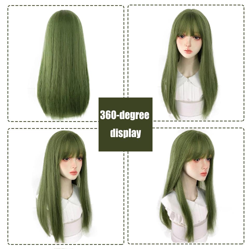 WTB Fruit Green Straight Hair Synthetic Wig Headgear Female Green Straight Hair Natural High Temperature Silk Wig Headgear